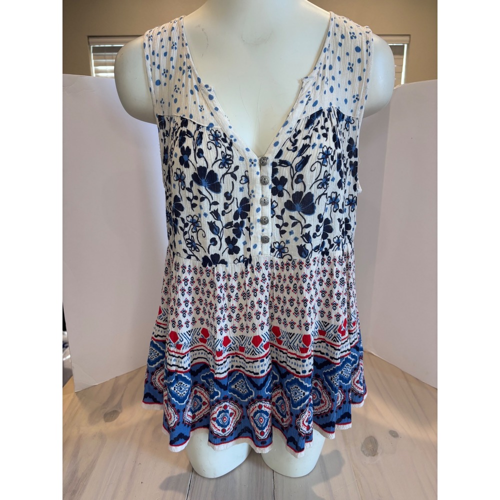 Bila Womens Small Blue White Red Mixed Print Boho Tiered Gauze Tank Top Festival